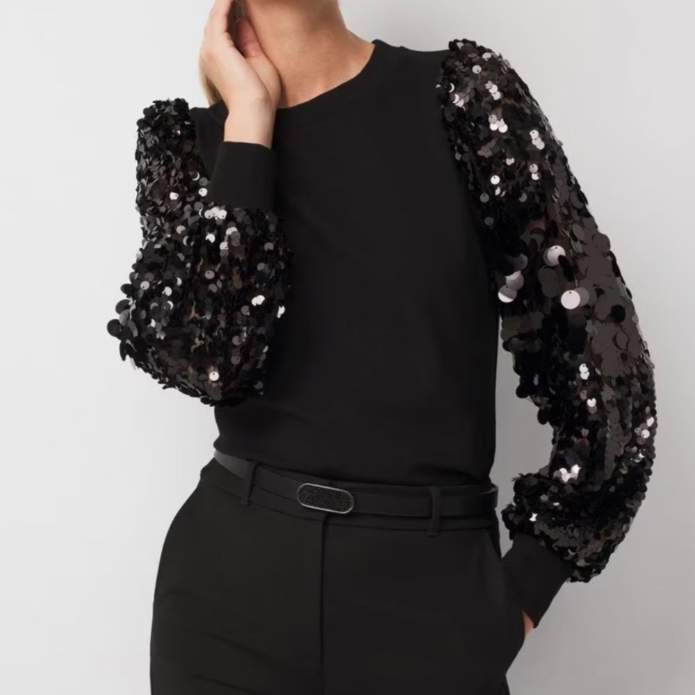 🆕 🇩🇪 Sioni Black Sequin Balloon Sweater Top M Statement Party Glam Pullover Knit